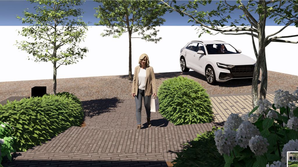 Vue 3D du projet Vireo : l'allée d'accès pavée, la place de parking et les massifs devant la maison