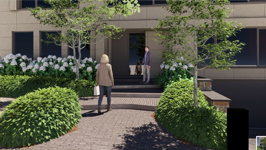 Vue 3D du projet Vireo : parterres d'hortensias et arbres le long de l'allée menant à la porte d'entrée