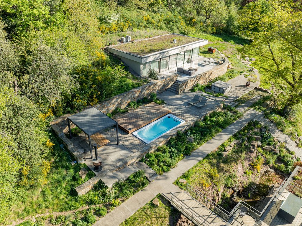 Vue aérienne des plateaux étagés d'un jardin en pente : pavillon, piscine, pergola et cheminements