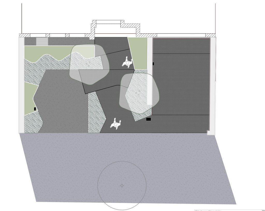 Plan d'aménagement de l'entrée dessiné par Vireo : allée aux lignes courbes, place de parking et parterres