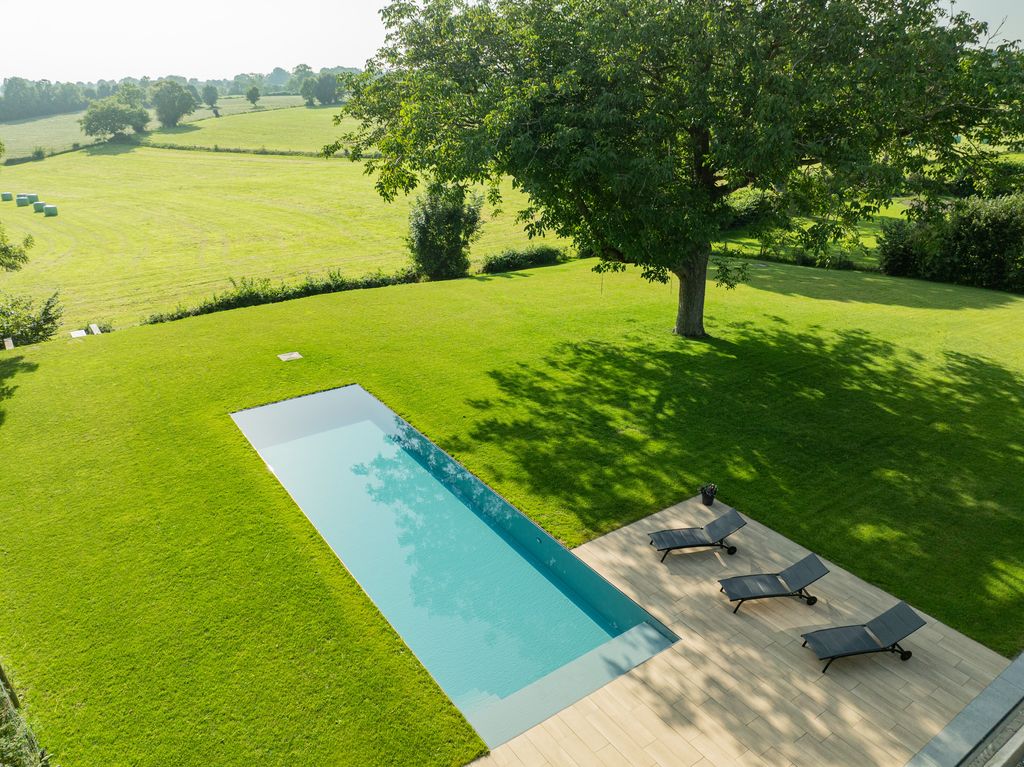 Vue aérienne de la piscine encastrée dans la pelouse, à l'ombre d'un grand arbre, avec trois chaises longues sur la terrasse en bois