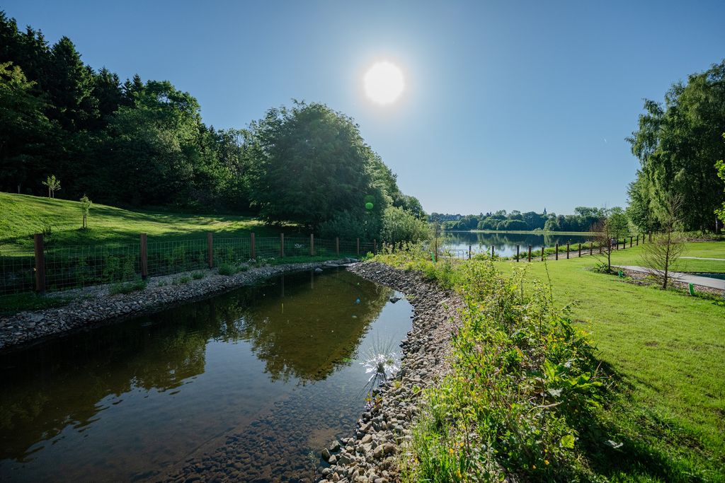Plan d'eau aux berges de galets et enherbées à l'Anatura Hotel & SPA de Weiswampach